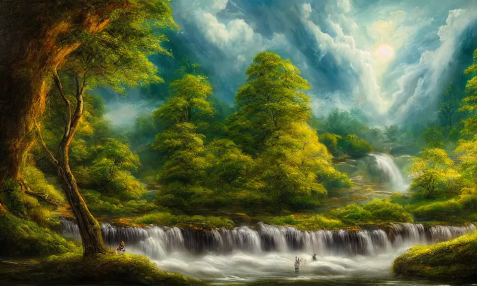 Image similar to the most beautiful panoramic landscape, oil painting, where a giant dreamy waterfall creates a river, the trees around are starting to bloom, shooting star, cinematic lighting, highly detailed, very realistic