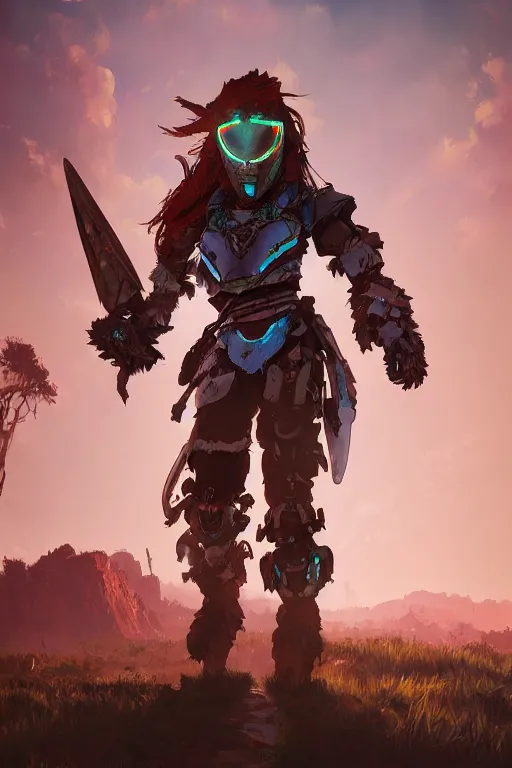 Image similar to combination suit armor aloy horizon forbidden west horizon zero dawn radiating a glowing aura global illumination ray tracing hdr fanart arstation by ian pesty and alena aenami artworks in 4 k tribal robot ninja mask helmet backpack