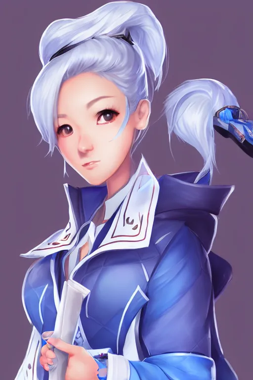 Image similar to a south korean female from paladins, white ponytail hair, she is holding a kunai, wearing light blue jacket, highly detailed digital art, character design, masterpiece