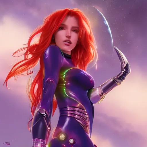 Image similar to ultra realistic illustration, bella thorne as starfire anime, intricate, elegant, highly detailed, digital painting, artstation, concept art, smooth, sharp focus, illustration, art by artgerm and greg rutkowski and alphonse mucha and wlop