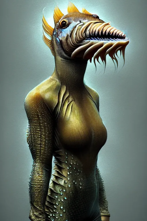 Prompt: epic professional digital art of female human - fish hybrid animal wearing air force jumpsuit, humanoid scaly fish head, fish mouth, painting, by leesha hannigan, iris van herpen, artstation, cgsociety, wlop, epic, much wow, much detail, gorgeous, detailed, cinematic, masterpiece