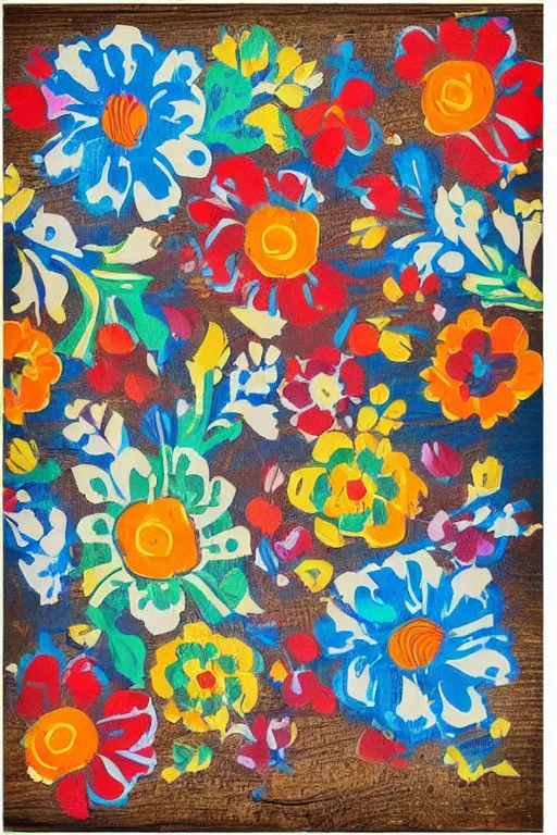 Image similar to beautiful colorful slavic floral pattern painted in acrylic on reclaimed wood