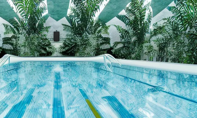 Prompt: 3d render of indoor pool with ferns and palm trees, pool tubes, chromatic abberation, depth of field, 80s photo