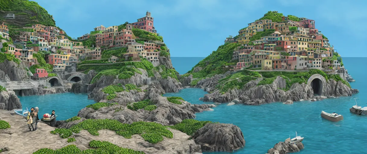 Prompt: pixar 3D render, by studio ghibli, (french bande dessinée), solarpunk, 1244, fantasy setting, jrpg, mediterranean landscape, quaint old village, cinq terre, highly detailed, luminous, white rock, bright beautiful teal sky and sea, style by moebius, radiosity, concept art, unreal engine
