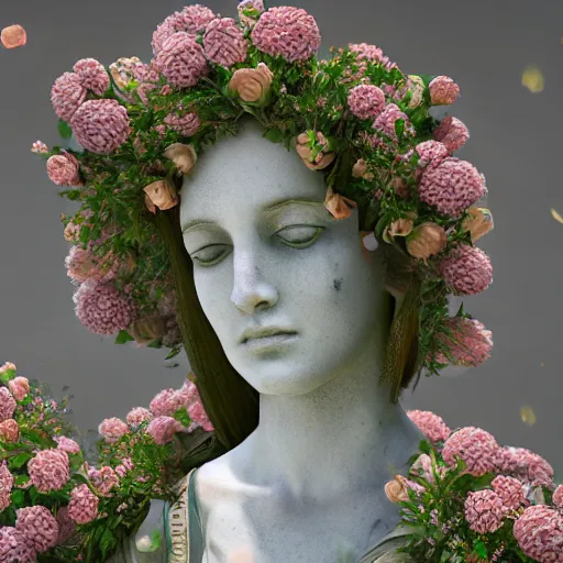 Image similar to a marble statue covered in flowers, full frame, cinematic light , unreal engine,