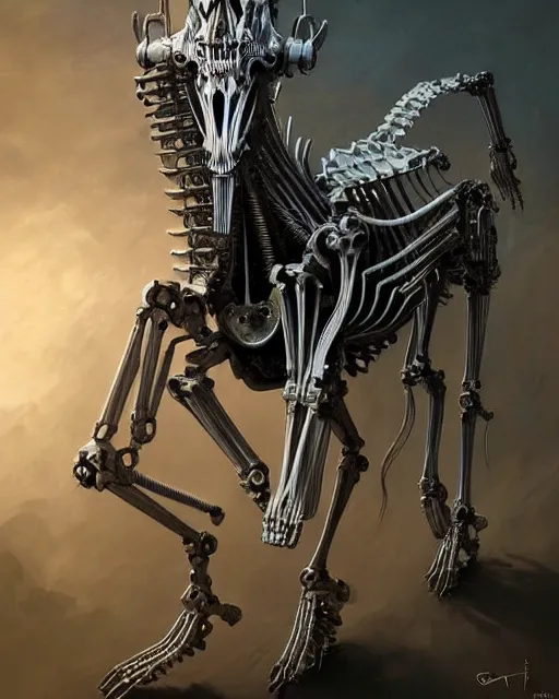 Image similar to fractal horse by giger, partially skeleton, partially robot, deep focus, d & d, dark fantasy, intricate glow accents, elegant, highly detailed, digital painting, artstation, concept art, matte, sharp focus, 8 k 3 d, hearthstone, art by artgerm and greg rutkowski and alphonse mucha