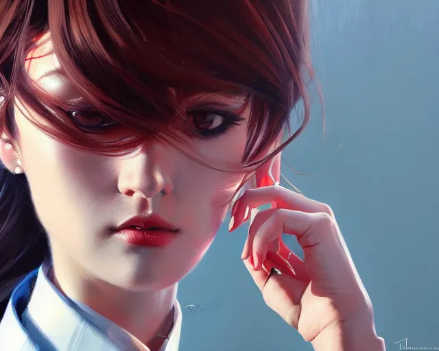 Prompt: a ultradetailed beautiful portrait panting of a stylish woman wearing a shirt with a tie, she has messy hair, oil painting, by ilya kuvshinov, greg rutkowski and hajime sorayama, trending on artstation