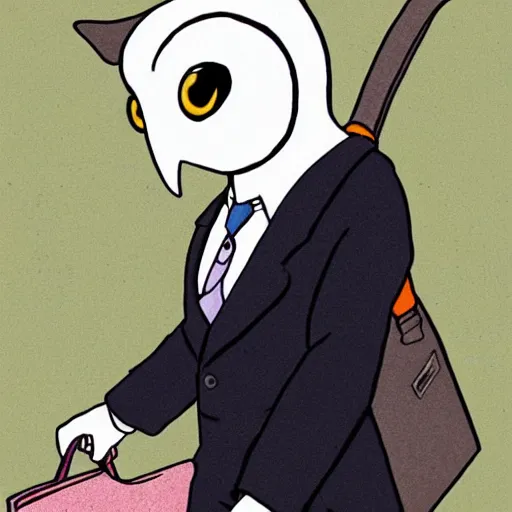 Prompt: barn owl in a black suit wearing an office bag going to the office,drawn by Hayao Miyazaki and Beatrix Potter, highly detailed,anime, anime shot,anime colours, inspired by My Neighbor Totoro 1988,cell shading