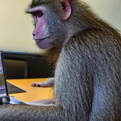 Image similar to a baboon programming, in the office