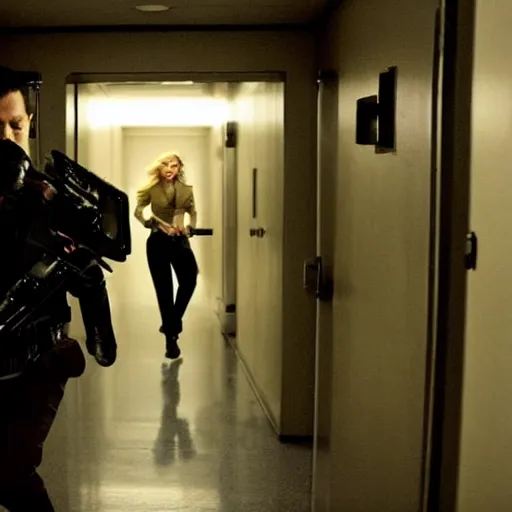 Prompt: an action scene of Scarlett Johansson chasing Charlton Heston through a high school hallway, guns blazing. Still from a John Woo film. Thrilling, engaging, exciting.