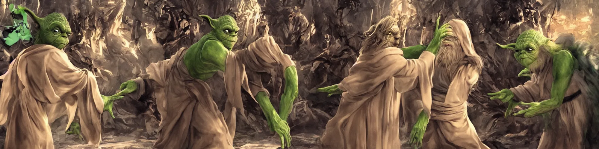 Image similar to epic slap battle between Jesus and Yoda