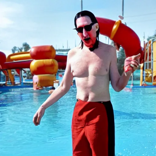 Image similar to marilyn manson working as a lifeguard at the waterpark