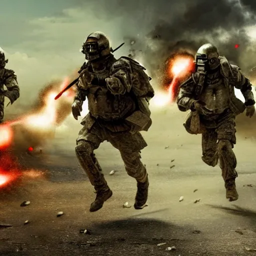 Image similar to hyper realism, realistic apocalyptic war scene, explosions, science - fiction soldiers running with armour in the middle of explosions and bullets,