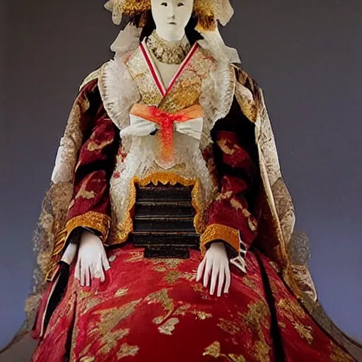 Prompt: A Russian and Japanese mix 1900s historical fantasy photograph of a empress bridal ensemble displayed on a mannequin featured inside of a museum.