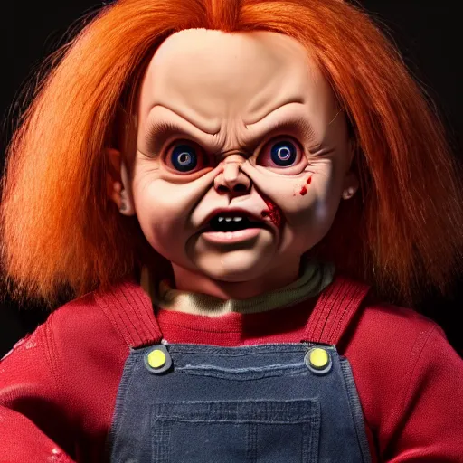 Prompt: Chucky the killer doll from the movie Child's Play scary movie still 8k hdr creepy lighting