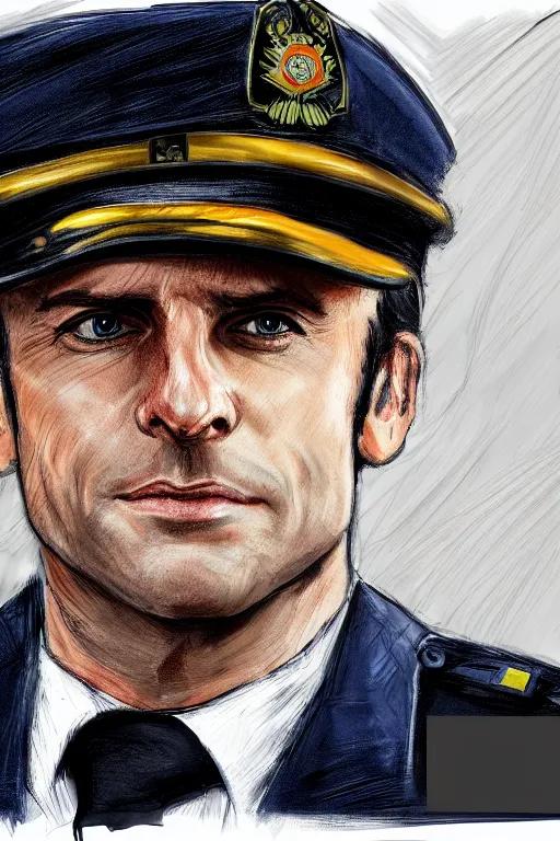 Image similar to emmanuel macron wearing a police officer uniform, highly detailed, digital art, sharp focus, trending on art station