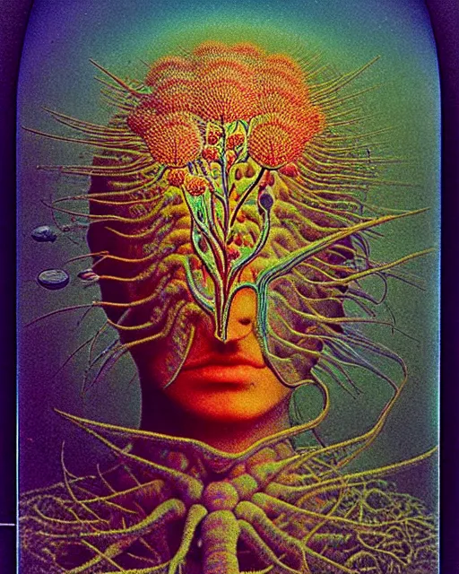 Prompt: a highly detailed realistic surreal stunning award winning intricate colorful chromatic aberration, 9 0 s toy commercial, double exposure photo from the 7 0 s, polaroid photo of all of the world's botanical knowledge in one brain, by zdzislaw beksinski, by ernst haeckel