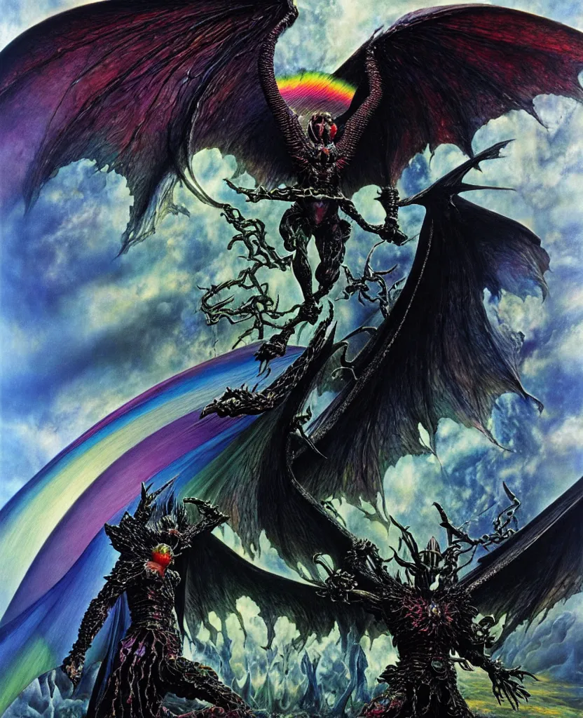 Image similar to realistic detailed image of ultra wrathful rainbow diamond iridescent mega griffith from berserk, depth perception, depth of field, action horror by ayami kojima, neo - gothic, gothic, part by adrian ghenie and gerhard richter. art by roger dean. masterpiece