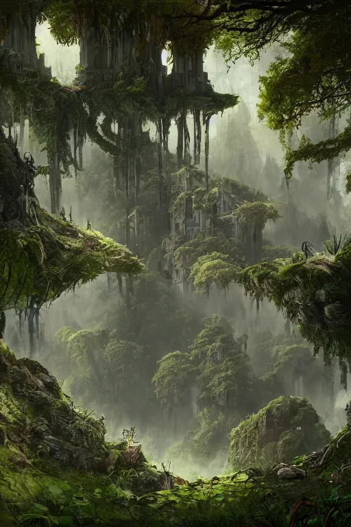 Image similar to fairy palace-castle, towers, gnarly trees, lush vegetation, forrest, landscape, raphael lacoste, eddie mendoza, alex ross, concept art, matte painting, highly detailed, rule of thirds, dynamic lighting, cinematic, detailed, denoised, centerd