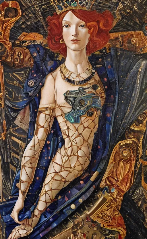 Prompt: beautifully painted mural of a cyborg king in ornate royal fabric, piercing glowing eyes, sci fi scenery, vogue cover poses, mural in the style of sandro botticelli, caravaggio, albrecth durer