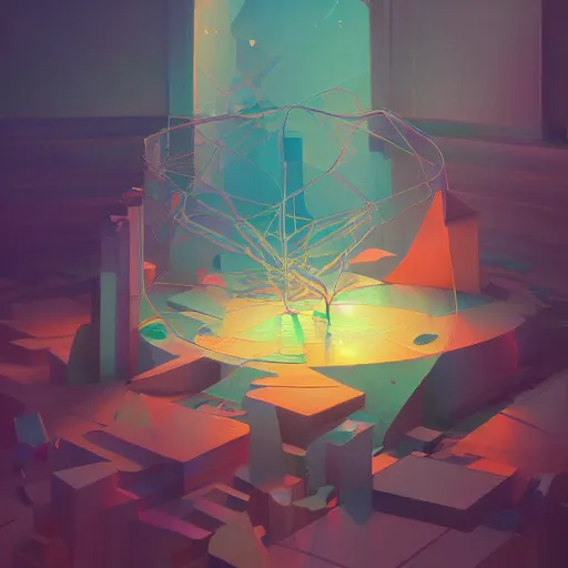 Image similar to highly detailed happy abstract geometric painting, stephen bliss, unreal engine, greg rutkowski, loish, rhads, beeple, makoto shinkai and lois van baarle, ilya kuvshinov, rossdraws, tom bagshaw, global illumination, detailed and intricate environment