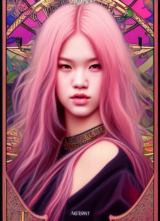 Image similar to jossi of blackpink, king, tarot card, highly detailed, digital painting, smooth, sharp focus, illustration, ultra realistic, unreal engine, 8 k, art by artgerm and alphonse mucha