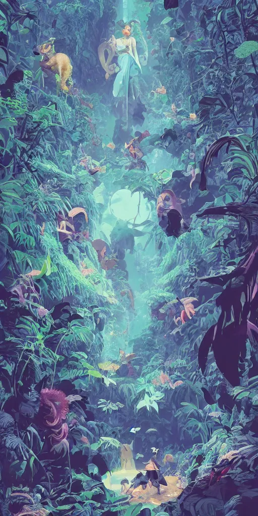 Prompt: a group of explorers with cute mythical creatures in the overgrown jungle in a large alien cave, surreal photography zzz, dramatic light, cinematic composition, by victo ngai by james jean, by rossdraws, frank franzzeta, mcbess