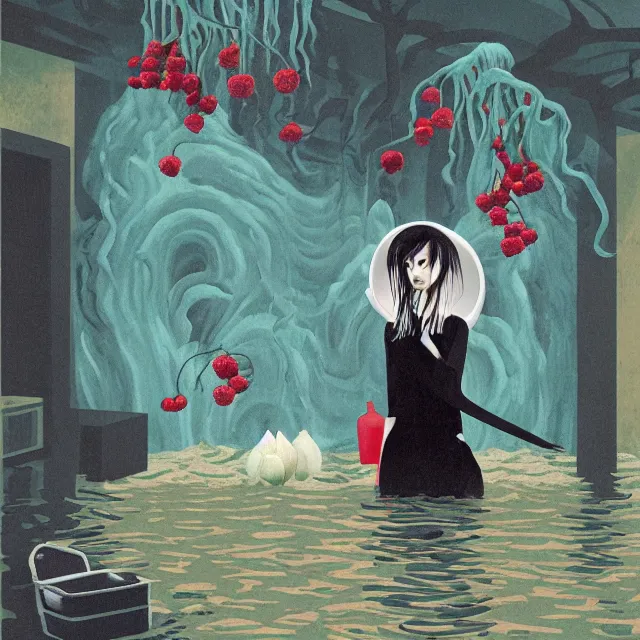 Image similar to tall female emo artist holding berry pancakes in her flooded apartment, pomegranates, octopus, water gushing from ceiling, painting of flood waters inside an artist's apartment, a river flooding indoors, mushrooms, ikebana, zen, rapids, waterfall, black swans, canoe, berries, acrylic on canvas, surrealist, by magritte and monet