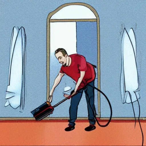 Prompt: Jordan Peterson cleans his room with a vacuum, motivational poster, inspirational art, high detail, realistic, mid shot, open