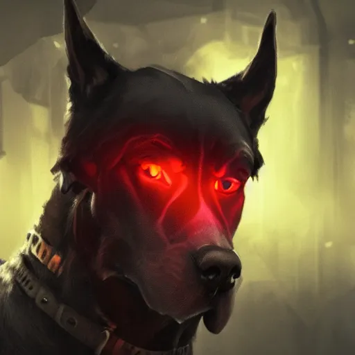 Image similar to cinematic portrait of brutal epic dark dog with crown, concept art, artstation, glowing lights, highly detailed
