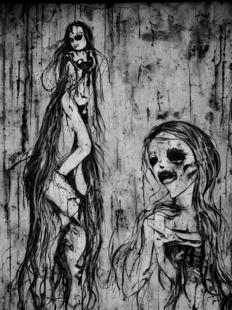 Image similar to graffiti in an abandoned overgrown warehouse, cute fumo plush gothic black enigmatic maiden girl painted in spilt ink and washed watercolor lurching out of the portrait in 3 d, avant garde pop art, filmic, captured on canon eos r 6