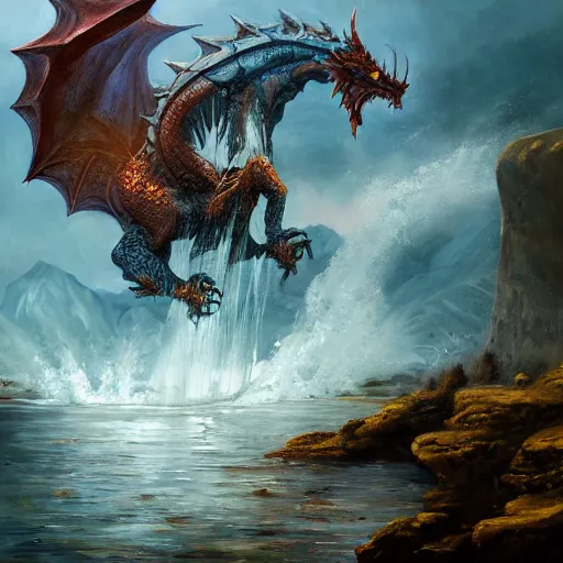 Image similar to highly detailed oil painting of a western dragon emerging from a hotspring, fantasy, featured on artstation