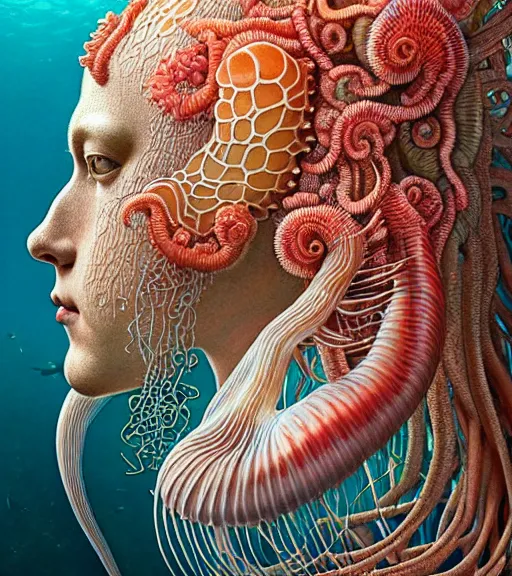 Image similar to hyperrealistic detailed underwater face portrait of the beautiful god of the jellyfish with an intricate headgear of corals, sea kelp, sea plants, fish, starfish, jellyfish, art by ernst haeckel, victor ngai, john william godward, android jones, gothic, neo - gothic, ornamental, beautiful deep colours,