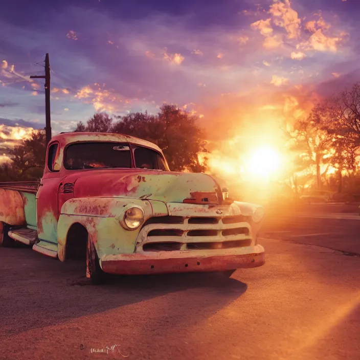 Image similar to a sunset light landscape with historical route 6 6, lots of sparkling details and sun ray ’ s, blinding backlight, smoke, volumetric lighting, colorful, octane, 3 5 mm, abandoned gas station, old rusty pickup - truck, beautiful epic colored reflections, very colorful heavenly, softlight