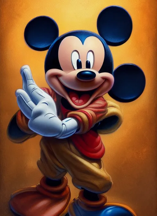 Prompt: Mickey Mouse as a ruggedly handsome hero, tasteful, intricate, elegant, highly detailed, centered, digital painting, artstation, concept art, smooth, sharp focus, illustration, artgerm, donato giancola, Joseph Christian Leyendecker, WLOP