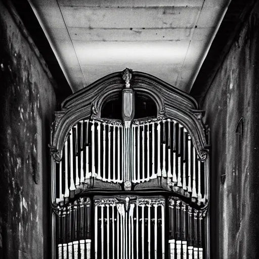 Prompt: black and white photo by karl gustav rodde of a haunted pipe organ in an abandoned warehouse, dirty, hazy, depressing, haunted