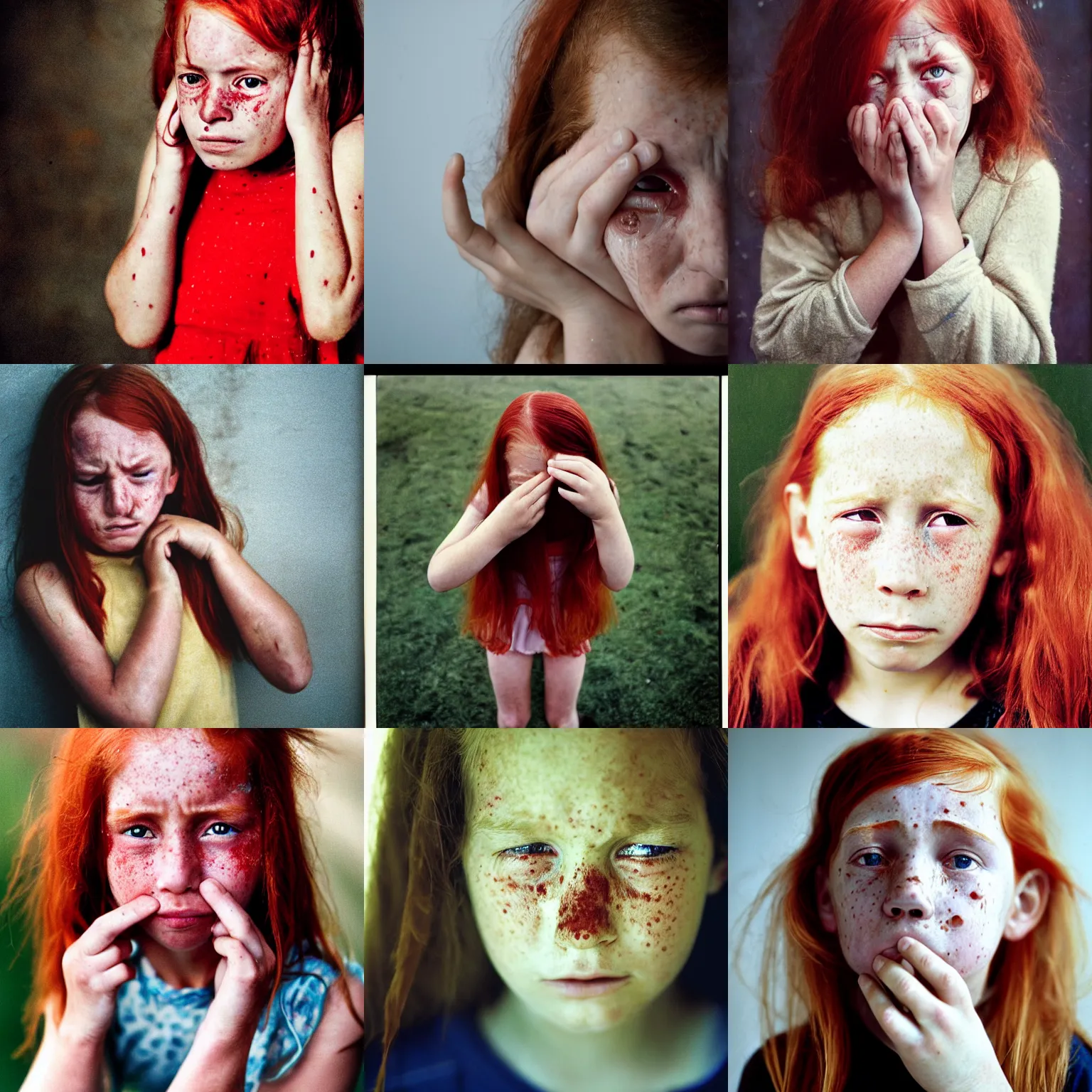 Prompt: a photograph of a ten year old girl crying taken by annie leibovitz, red hair, freckles, sad, tears