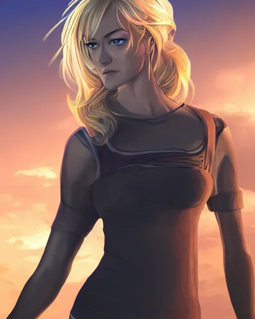 Image similar to yvonne strahovski, full shot, very anime, digital art, ambient lighting, perfect composition, dynamic lighting, detailed face, very extremely detailed blue eyes, smooth shading