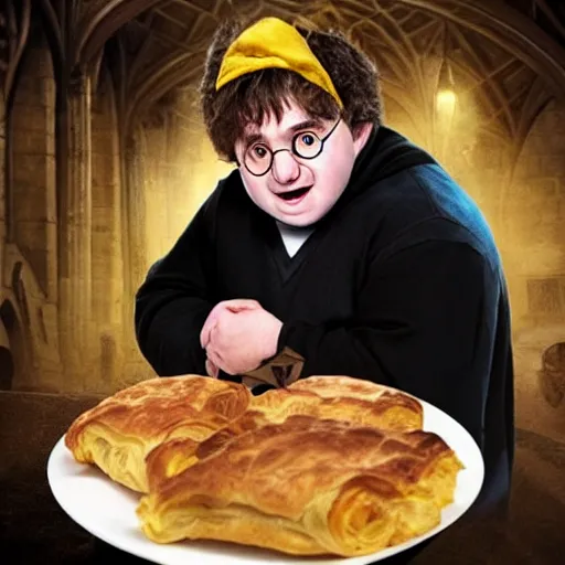 Image similar to overweight Harry Potter eating hufflepuff pastry