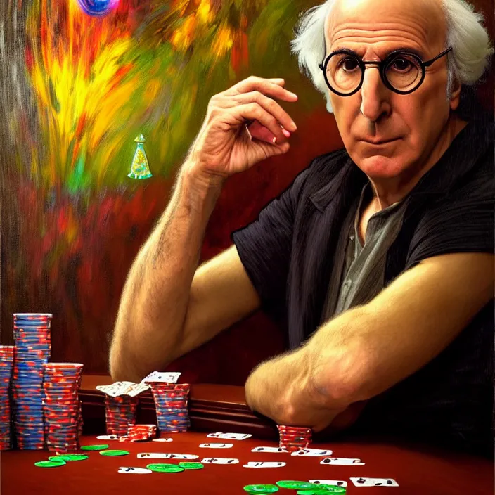 Image similar to bright psychedelic portrait of larry david playing poker, diffuse lighting, fantasy, intricate, elegant, highly detailed, lifelike, photorealistic, digital painting, artstation, illustration, concept art, smooth, sharp focus, art by John Collier and Albert Aublet and Krenz Cushart and Artem Demura and Alphonse Mucha