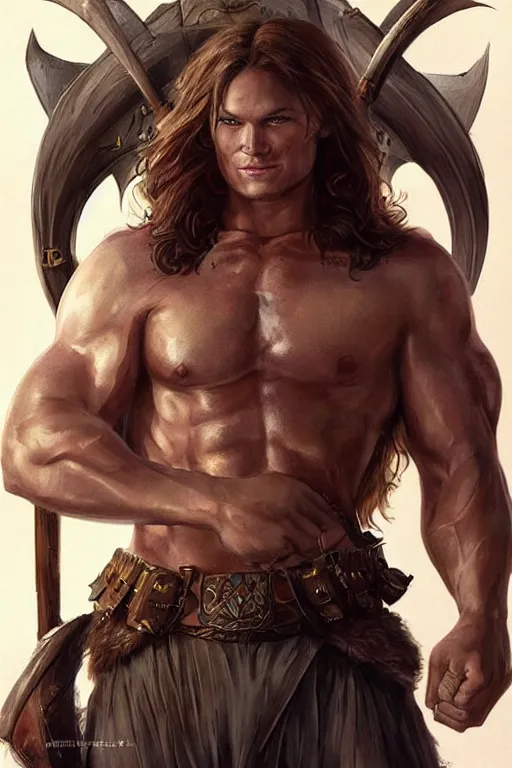 Prompt: portrait of pretty muscular sam winchester as a irish warrior mage alternative universe, muscular body tattooed, d & d!, fantasy style, sharp focus!, ultra detailed, art by artgerm and peter andrew jones, wlop