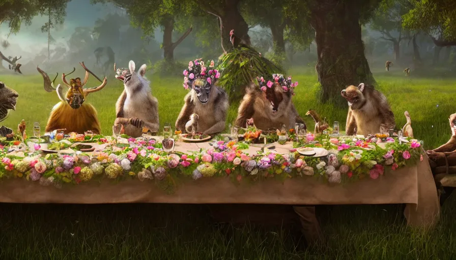 Image similar to a table dinner of exotic animals where animals are dressed like the characters from the midsommar movie wearing flowers, realistic detailed digital art by maxwell boas jessica rossier christian dimitrov anton fadeev trending on artstation cgsociety rendered in unreal engine 4 k hq