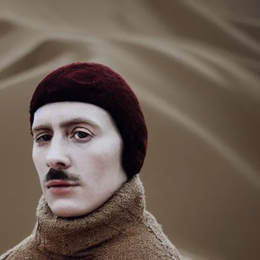 Prompt: An extremely avant-garde surreal portrait, face, highly detailed, intricate elegant editorial photo sharp focus bokeh in sand dunes with and black turtleneck robes and scarf in The Grand Budapest Hotel