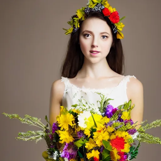 Prompt: a young elegant lady wearing a dress made of flowers, studio photoshoot, hd