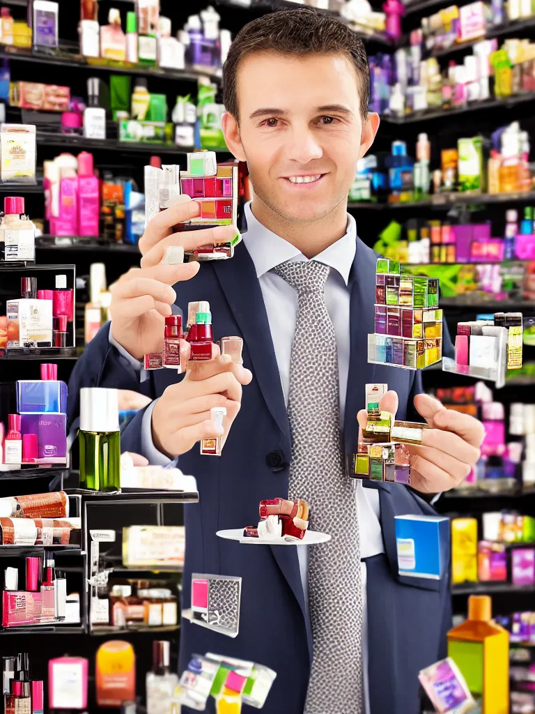 Image similar to a formal portrait photograph of an expanding salesman dissected into cubes. he is stacked on a supermarket shelf in the cosmetic aisle