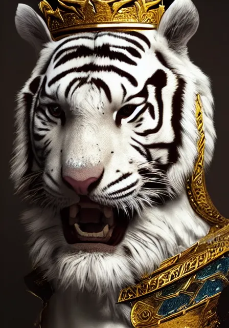 Prompt: artwork of a white tiger king with gold crown and blue king suit, concept art, portrait, super detailed, 4 k hd, trending on artstation, deviantart, octane render, cry engine, unreal engine 8 k, cycles x, digital painted, low contrast, made by greg rutkowski and viktoria gavrilenko