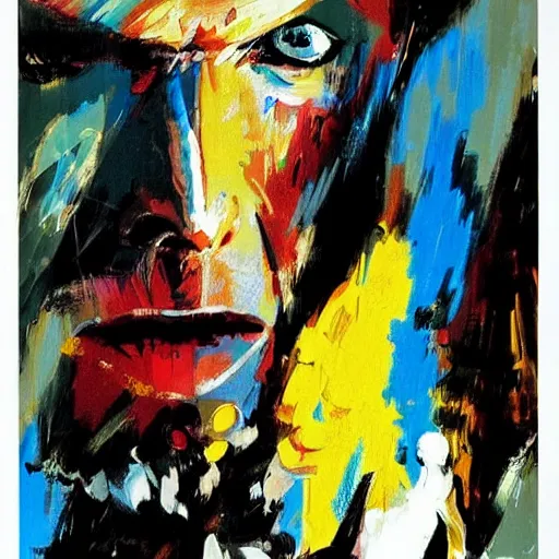 Image similar to David Bowie by Ashley Wood, Yoji Shinkawa, Jamie Hewlett, 60's French movie poster, French Impressionism, vivid colors, palette knife and brush strokes, Dutch tilt