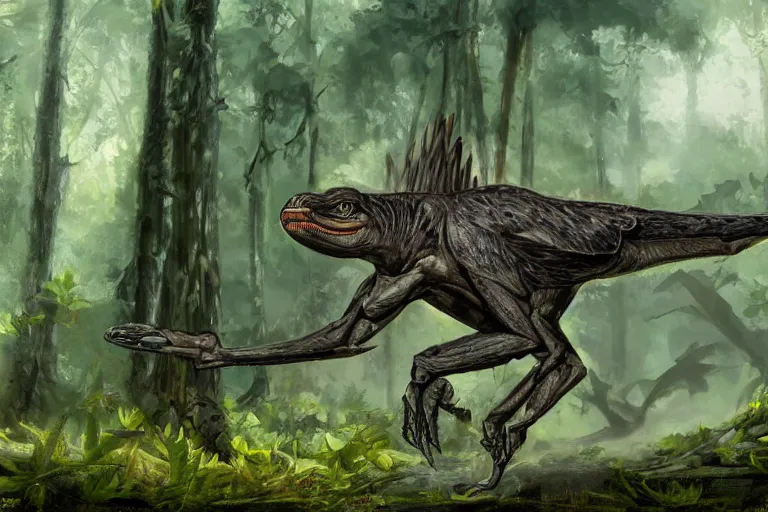 Image similar to highly detailed photograph of a oil raptor in the forest, featured on pixiv