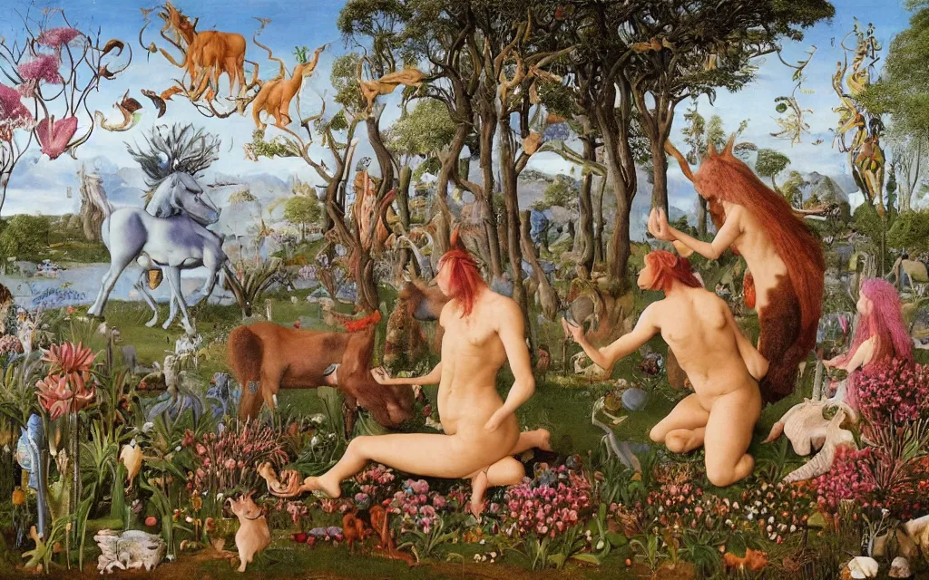 Prompt: photograph of a meditating centaur shaman and a catgirl feeding animals. surrounded by bulbous flowers, animals and a few trees. river delta with dry rocky mountains under a blue sky full of burning stars. painted by jan van eyck, max ernst, ernst haeckel, ernst fuchs and artgerm. trending on artstation, trending on cgsociety