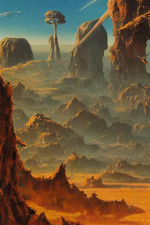 Image similar to 5 0 s pulp scifi illustration, space explorers in beautiful landscape, plain stretching into distance, pond, baobab trees, distant mountains, nebula, painted by bergey, craig mullins, john berkey, ruan jia, rodney matthews, jeremy mann, beksinski, jack kirby, tom lovell, alex malveda